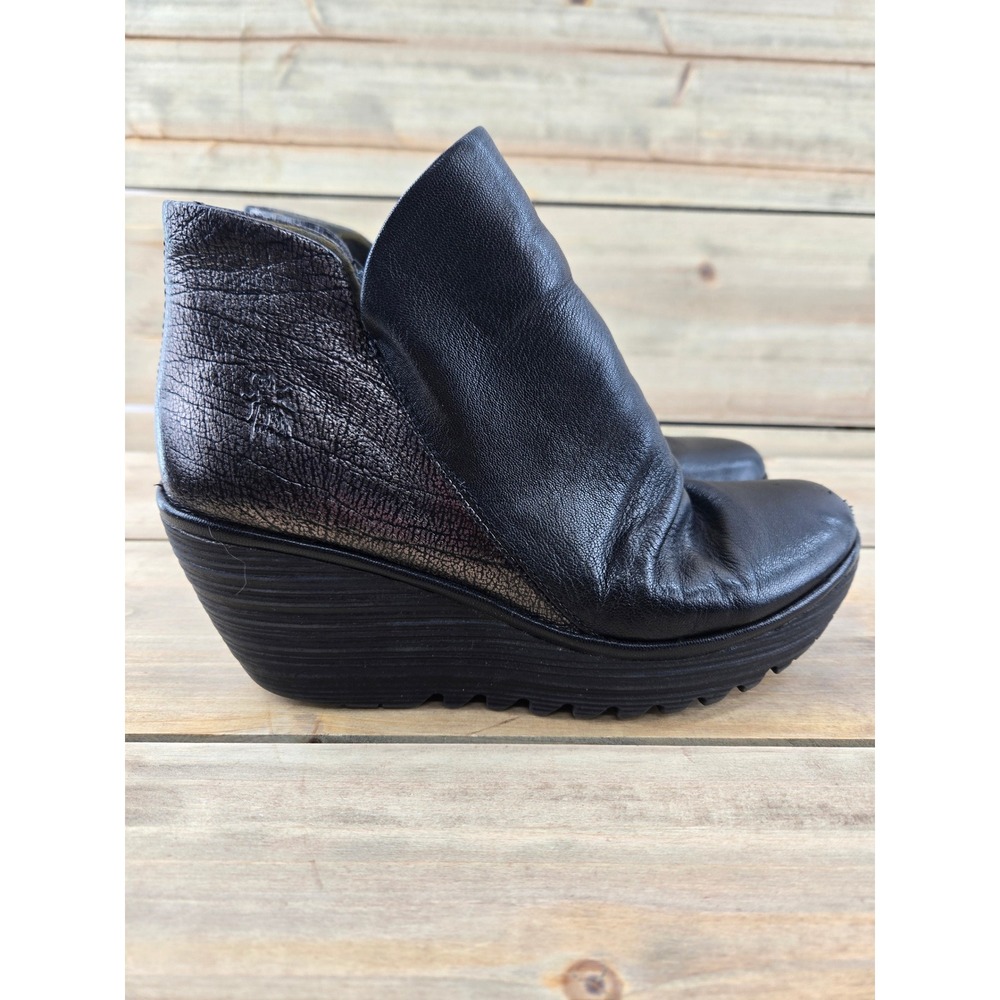 Fly London Yip Black And Pewter Leather Wedge Ankle Booties  Womens 38 US 7.5-8